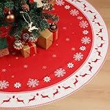 Multiwins Christmas Tree Skirt 48 inch, Large Snowflake Reindeer Red Xmas Tree Skirt, Thick Flannel Fabric, Best Christmas Decorations for Winter New Year