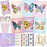 Engrowtic 6 Packs Paint and Sip Kit Pre Drawn Canvas Set for Painting Adults 8 x 10 Inch Butterfly Floral Canvas Painting Kits with Easel and Brushes for Adults Kids DIY Summer Artist Party