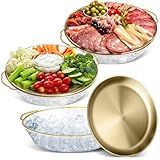 Baderke 3 Set 11.8" Chilled Serving Tray for Parties with Compartments Ice Chilled Party Platter Charcuterie Serving Board Cold Dish Dip for Fruit Seafood Vegetable Shrimp Cocktail (Gold)