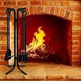 FEED GARDEN Heavy Duty 5-Piece Fireplace Tools Set, Rust-Resistant Wrought Iron Fire Tools with Easy Assembly Stand for Indoor/Outdoor Fireplace