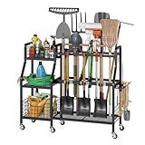 keomaisyto Garden Tool Organizer with 6 Wheels(3 lockable), Heavy Duty Yard Tool organizer with 2 Basket, Large Metal Garage Tool Organization and Storage for Garage/Shed/Yard/Broom Closet/Lawn