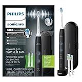 Philips Sonicare ProtectiveClean 5300 Rechargeable Electric Toothbrush, with Pressure Sensor, 3 Cleaning Modes, SmarTimer and QuadPacer, with 2 Bonus Brush Heads, Travel Case, Black, Model HX6423/34