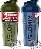 VELOMIX -2 Pack- 28 oz Protein Shaker Bottles for Protein Mixes - 2x Wire Whisk | Leak Proof Shaker Cups for Protein Shakes and Pre Workout | Protein Shaker Bottle Pack (A2) Blue/Green