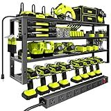 Large Power Tool Organizer Wall Mount with Charging Station, 8 Outlet Power Strip, 4 Layers 8 Drill Holder Heavy Duty Metal Tool Storage Loads 420lbs with Screwdriver Holder, Utility Racks for Garage