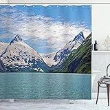 Ambesonne Landscape Shower Curtain, Mountain and Lake in Anchorage Alaska Springtime Sunny Day Scenic Picture, Cloth Fabric Bathroom Decor Set with Hooks, 69" W x 75" L, White Green