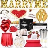 Super Complete 𝗔𝗟𝗟-𝗜𝗡𝗖𝗟𝗨𝗦𝗜𝗩𝗘 Marriage Proposal Kit – All-in-One Engagement Decorations Set with LED Marquee MARRY ME Letters, Petals, Flameless Candles, Carpet, Champagne Glasses, Setup Brochure & More