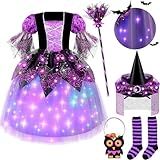 Relaehih Light Up Girls Witch Costume, Kids Witch Costume for girls, with witches Hat and Broom for Toddler, Halloween costume for Dress Party (4-11 Years Old)