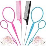 6Pcs Hair Loop Tool Set with 4 Hair Tail Tools French Braid Tool Loop 2 Metal Pin Rat Tail Comb for Hair Styling, 100 Colored Children Rubber Bands. Schembo, 108 Piece Set
