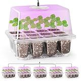Bonviee 5 Packs Seed Starter Tray with Grow Light, Elevated Seedling Starter Trays Kits with Adjustable Humidity Domes and Clear Cell Tray, 12 Full Spectrum led lamp Beads for Plants Indoor-Clear