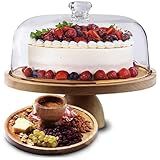Cloud Maison Cake Stand with Acrylic Dome Lid 2-in-1 - Multifunctional Round Shatterproof Dessert Table Display Set with Acacia Wood Serving Platter, Veggie Tray, Fruit Bowl - Party Cake Display