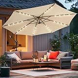 wikiwiki 10ft Solar LED Offset Patio Umbrella, Outdoor Cantilever Patio Umbrellas with Solor Lights for Backyard, Poolside and Garden, Easy Tilt Adjustment, 32 LED Lights & Polyester Shade, Beige