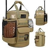 SunForMorning Baseball Bucket Bag Baseball Coaching Accessories Organizer Tactical Style Softball Bucket Bag with Anti-Slip Bottom, Multiple Pockets for Bat, Gloves, Scoreboards, Brown
