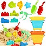 Foldable Beach Bucket and Shovel Set for Kids, 20PCS Sand Toys with Sand Molds (Castle, Dinosaur, Sea Animal) & Mesh Bag, Toddler Collapsible Outdoor Sand Toys for Beach, Sandbox, Pool, Summer Gift