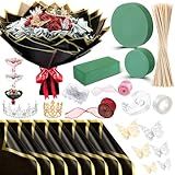 XunYee Thanksgiving Money Bouquet Kit 20 Sheet Flower Wrapping Paper 100 Pcs Bamboo Skewers Floral Foam Blocks for Anniversary Birthday Gift Graduation Valentine Mother's Day(Black)