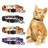 azuza 4 Pack Halloween Kitten Collars Breakaway with Bells, Adjustable Cat Collars with Safety Buckle,Adjustable from 6"-8", Skull and Crossbones,Ghosts, Spider and Pumpkin Prints