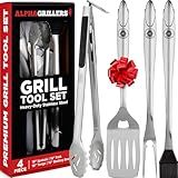 Alpha Grillers Grilling Accessories - Grilling Gifts for Men - BBQ Accessories Grill Tools Set with Spatula, Fork, Brush & Tongs - Outdoor Barbecue Utensils Gifts for Men Dad Him Boyfriend