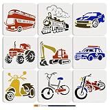 MAYJOYDIY 9Pcs Transportation Cars Drawing Template 5.9x5.9inchs Reusable Template Bus Tractor Motorcycle Car Excavator Bicycle Steam Train Painting Stencil for Painting Wall Home Decor
