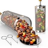 Basinel Rolling Grill Basket 2-Pack,304 Stainless Steel Grill Basket with Removable Wooden Handle,BBQ Tool & Smoker Accessory for Veg & Shrimp,Ideal for Outdoor Cooking,Camping & Gifts for Dad/Husband/Men