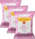 Burts Bees Micellar Rose Water Facial Towelettes, 100% Plant Based Cloth; 99% Natural Origin; Remove Makeup, Cleanse, Hydrate; No Greasy, Oily Residue; All Skin Types; 30 Ct, Pack of 3 (Pack May Vary)