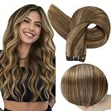 Full Shine Weft Extensions Straight Remy Hair Sew In Hair Extensions Weft Extensions Soft Silky Hair Double Weft Extensions Color Medium Brown Highlight Honey Blonde Hair 105G 20 Inch