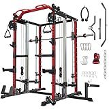 Smith Machine Home Gym, Multi-Function Power Cage with Dual Pulley Cable Crossover System, All-in-One Squat Rack with Smith Bar and Strength Training Attachments for Full-Body Workouts