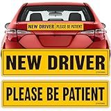 New Driver Magnet for Car Sign – 2-Pack (New Driver & Please Be Patient) – Large 12” x 3” x 0.1” Reflective Magnets for Student or Rookie Learner Drivers – Removable & Reusable