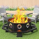 ZIENLIFE 43 Inch Fire Pit for Outside Wood Burning, Outdoor Octagonal Fire Pit with Poker, Large Firepit for Camping, Backyard, Patio, Black