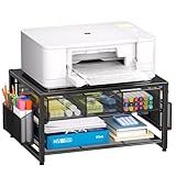 Marbrasse Metal Printer Stand for Desk with Storage Drawer and 2 Pen Holders, 2-Tier Desktop Organizer Printer Table for Home Office, Multi-Purpose Desk Organizer for Fax Machine Scanner Files(Black)