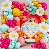 ALL-IN-1 Daisy Balloons Garland Kit & Arch with BONUS Daisies – Small and Large Pastel Pink Green Yellow Two Groovy Balloons – Daisy Party Decorations for Birthday or Baby Shower – Hippie Retro Floral