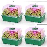 MIXC Seed Starter Kit with Grow Light, Elevated Seedling Tray Kit with Adjustable Humidity Dome and Clear Cell Tray, 12 Full Spectrum Led Beads for Seed Starting Greenhouse, 4 Pack, Green