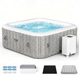 UHOMEPRO Inflatable Hot Tub Spa Set, Outdoor Bubble Massage 73" Square Portable Hot Tubs, 4-6 Person Outdoor Hot Tub with External Heater Pump, 130 Soothing Jets, 6 Filter Cartridges