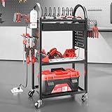 SOYEEZE Utility Cart with Charging Station and Drawer, 4 Tier Rolling Cart with Pegboard, Floor Tool Cart on Wheels, Heavy Duty Metal Garage Storage Rack with 8 Outlet Power Strip