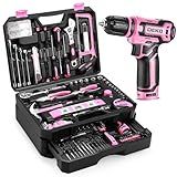 Pink Tool Kit Box Drill Set:DEKOPRO Home Mechanic Toolbox with 12V Power Cordless Drill Hand Repair Tools Sets Combo Kits Storage Organizer Drawer Case for Men & Women