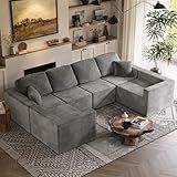 Shahoo 126" Modular Sectional Sofa, Cloud Couches for Living Room, Upholstered Boneless Couch with Ottoman, Upholstered Cloud Sofa for Bedroom (Grey, Oversized Sofa)