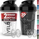 VELOMIX -2 Pack- 20 oz Protein Shaker Bottles for Protein Mixes - 2x Wire Whisk | Leak Proof Shaker Cups for Protein Shakes and Pre Workout | Protein Shaker Bottle Pack (Black/Transparent)