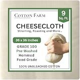 Cotton Farm Grade 100 XL Cheese Cloth for Straining & Cooking; 36x36 Inch; 100% Unbleached Cotton Cheesecloth; Reusable with Finished Edges, Butter Muslin
