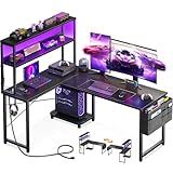 AODK L Shaped Desk Gaming Desk with LED Light & Power Outlet, 53 Inch Reversible L Shaped Computer Table with Shelf & Storage Bag & Hook for Home Office, Black