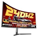 SANSUI 34 Inch 240Hz Ultrawide Curved Gaming Monitor UWQHD 3440×1440, 21:9 2K Curved Monitor 1500R,HDR400,Fast VA, PIP/PBP,AI Crosshair,AIPQ(Visual Enhance),MPRT 1ms,HDMI2.1*2,DP1.4*2(DP Cable Incl.)