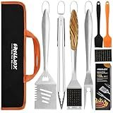 Grilljoy 8PCS Heavy Duty BBQ Grill Tools Set with Extra Thick Stainless Steel Spatula, Fork, Tongs & Cleaning Brush - Complete Barbecue Accessories Kit with Portable Bag - Perfect Grill Gifts for Men