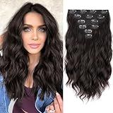 KooKaStyle 6PCS 14 Inch Short Hair Extensions Wavy Curly Clip in Extensions for Women - Dark Brown Synthetic Hairpieces for Daily Chic Look