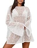 Gleeneat Crochet Coverups for Swimwear Women Swimsuit Bathing Suit Beach Bikini Cover Up Boat Neck 2026 Sexy Beachwear Dress Kaftan Sheer Poncho Summer Clothes White