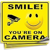 iSYFIX Smile You're On Camera Stickers for Home - 4 Pack 7x6 Inch - Decals for Inside the Window or Glass, UV, Weather, Scratch, Fade Resistance, Security Camera Sign for Home, Business, CCTV