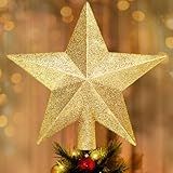 Glitter Christmas Star Tree Topper for Holiday Decorations, Christmas Tree Decoration for Holiday Ornament and Home Decor, Shatterproof Tree Toppers for Party Indoor ＆ Outdoor-Gold 8 inch