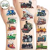 8 Sheets (96PCS) Train Temporary Tattoos – Transportation Birthday Party Decorations Supplies, Train Themed Favors, Pre-Cut Tattoo Stickers for Kids Boys Girls Classroom Prizes (Normal)