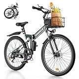 isinwheel M40 Folding Electric Bike for Adults with Basket, Full Suspension, 21700 Cell 10Ah Battery, Dual USB Charging Ports, 20mph Ebike, 500W Electric Mountain Bike, 26" Foldable Electric Bicycles