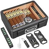FANKAI Cigar Humidor, Full Glass Top Cigar Box with Humidifier and Hygrometer, Drop-proof Crushproof Cigar Case, Cedar Wood Lining Storage Box with Divider for 20-25 Cigars (Black)