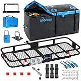 Mockins 60"x24"x6" Folding Trailer Hitch Cargo Carrier w/ 25 Cu Ft Waterproof Cargo Bag for Hitch Carrier | Heavy Duty 500 lbs Steel Luggage Rack for SUV, Car & Truck w/Plate Bracket & Accessories