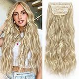 ALXNAN Clip in Long Wavy Synthetic Hair Extension 20 Inch Beach Blonde 4PCS Thick Hairpieces Fiber Double Weft Hair for Women