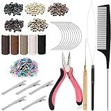 VCAY Hair Extension Tools, 500 Silicone Lined Rings Beads, 1 Plier, 1 Threader, 1 Crochet Hook, 10 Curved Hair Needle, 5 Hair Clips, 5 Rolls Sewing Threads, 100 Rubber Bands, Hair Extension Kit