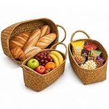 Elsjoy Set of 3 Woven Seagrass Baskets with Handles, Oval Wicker Woven Storage Baskets, Rattan Shelf Basket for Fruit, Bread, Kitchen